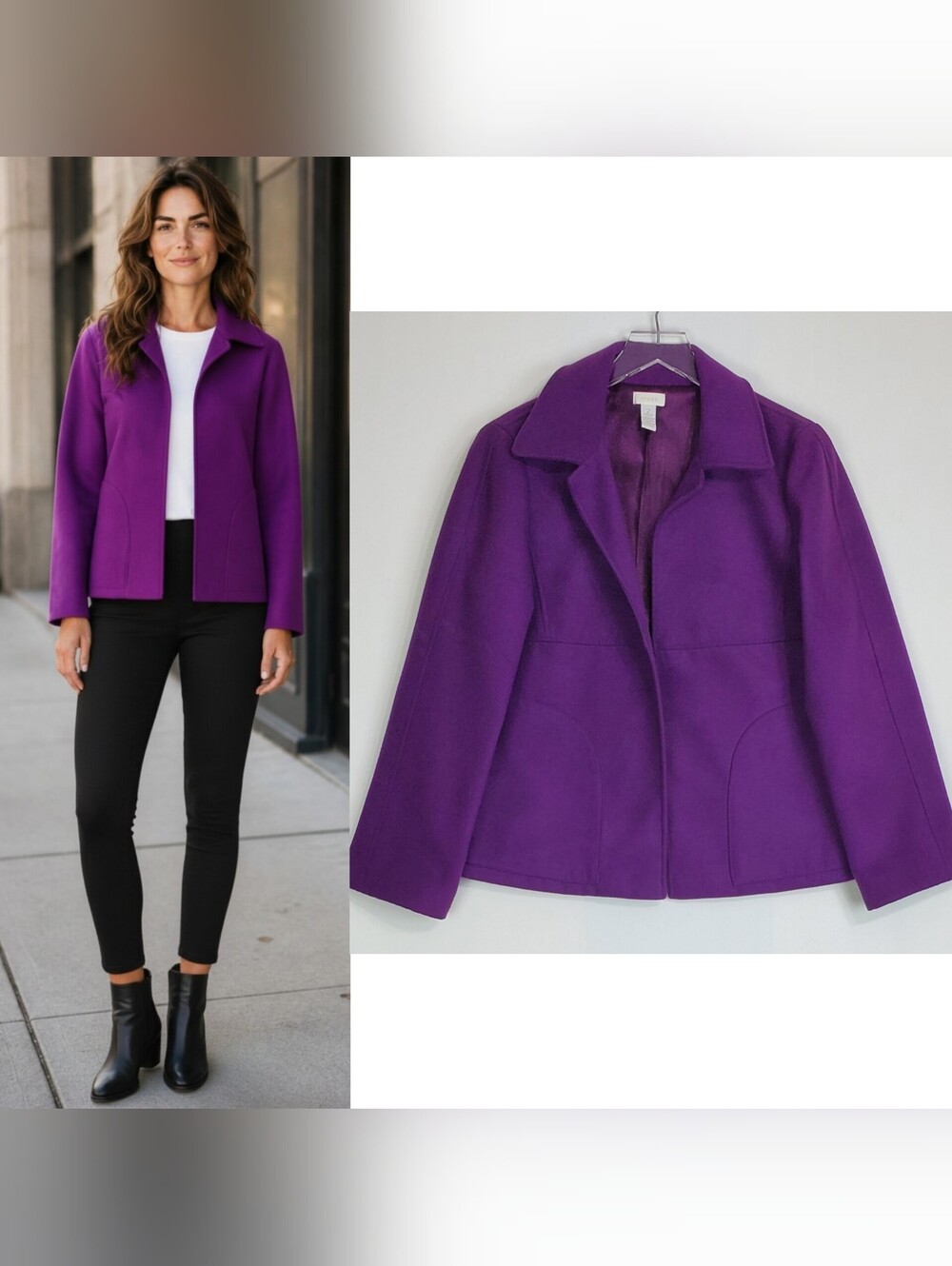 Chicos size 2 large pea coat jacket purple open front pockets layering winter